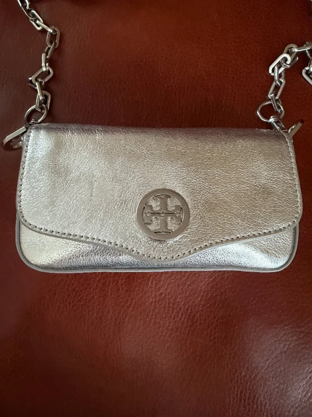 TORY BURCH MINI ROBINSON METALIC SILVER CHAIN CROSSBODY BAG